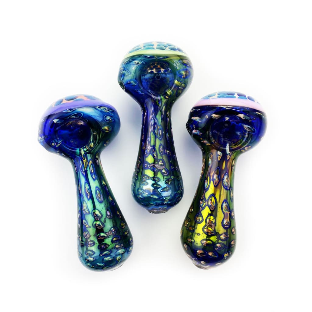 Hand pipe gold fume glass bong with iridescent blue green yellow swirls