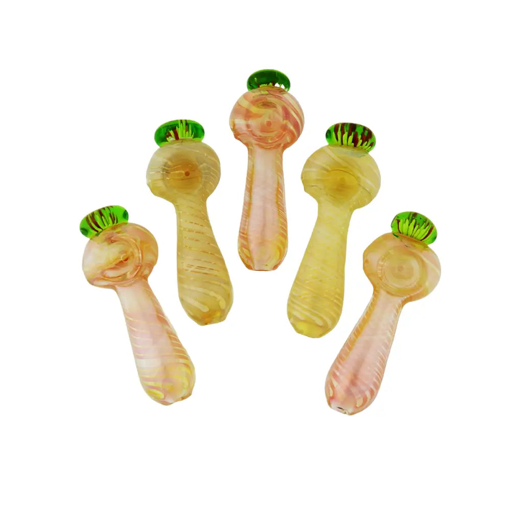 Glass smoking pipes with green accents in a fan pattern of Silver Fumes Glass design