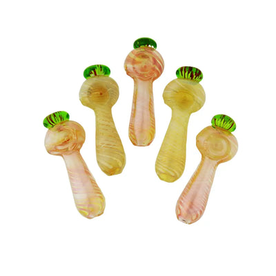 Glass smoking pipes with green accents in a fan pattern of Silver Fumes Glass design