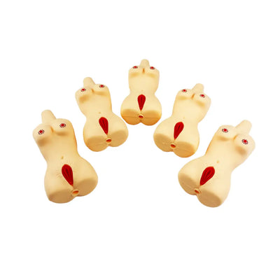 Five novelty stress toys alongside a Naked Lady Silicone Hand Pipe Spoon for discreet smoking