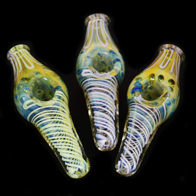 Three colorful hand pipe slime twisting art pipes with swirling patterns and bowls