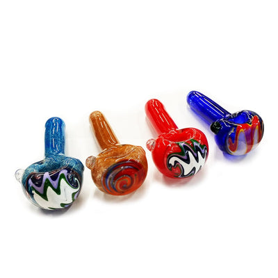 Colorful Wig Wag Glass Sticker Head Hand Pipe Spoon with decorative swirled patterns