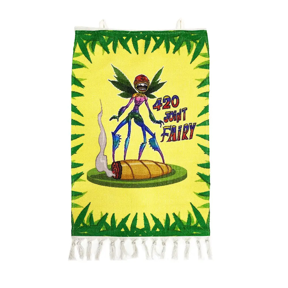 Yellow joint fairy wall hanging with cartoon 420 Joint Fairy design for chill spots