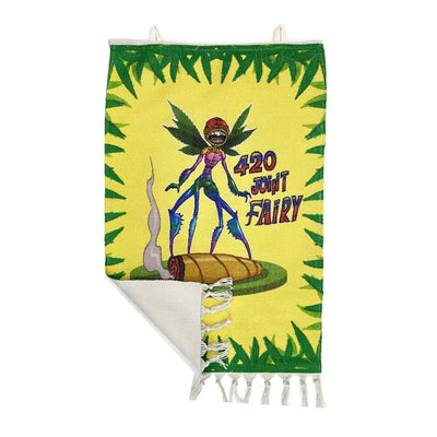 Yellow fringed joint fairy wall hanging featuring a cartoon 420 Joint Fairy character