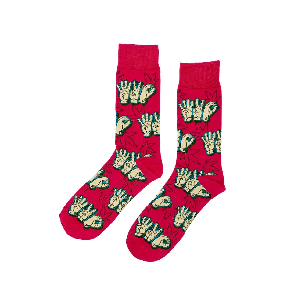 Red socks with hand sign pattern in Ultimate Comfort 420 Socks fits for all sizes