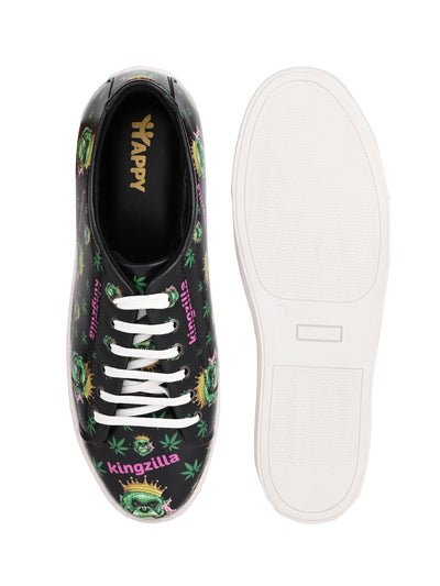 Deep Black Vegan Leather Shoes - Botanical Print
