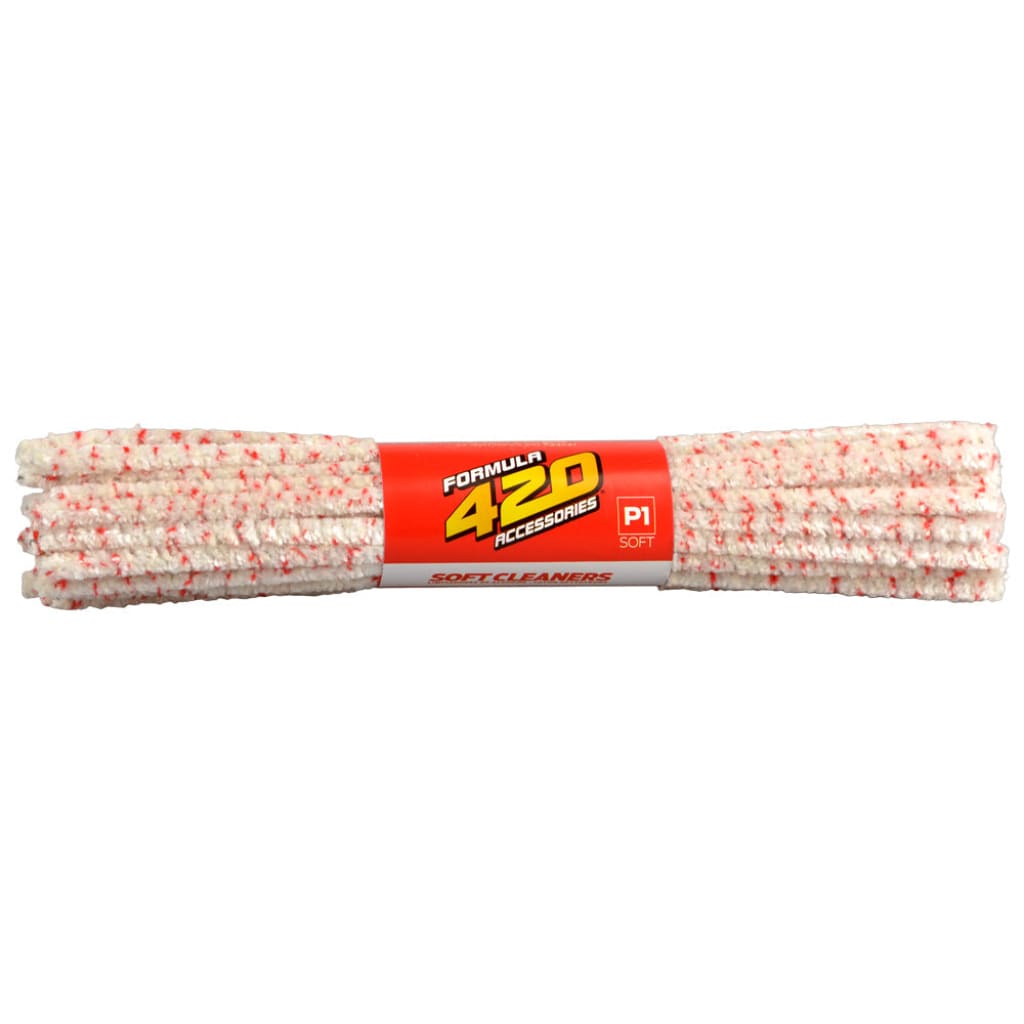 Soft bristle pipe cleaners for tight spaces with Formula 420 label, white and red speckled