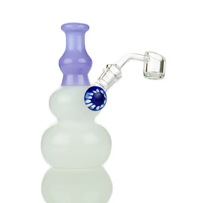 Glass dab rig with double sphere design, purple neck, and locket 14mm banger