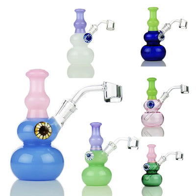 Colorful glass dab rigs featuring double sphere design with locket 14mm banger