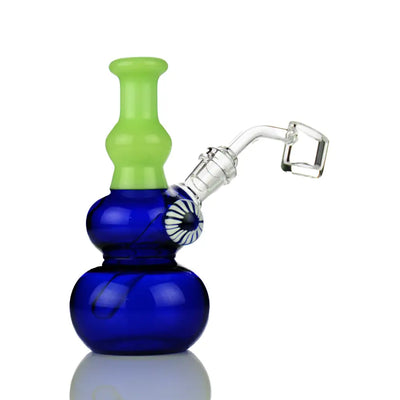 Blue and green glass bong with double sphere design and locket 14mm banger