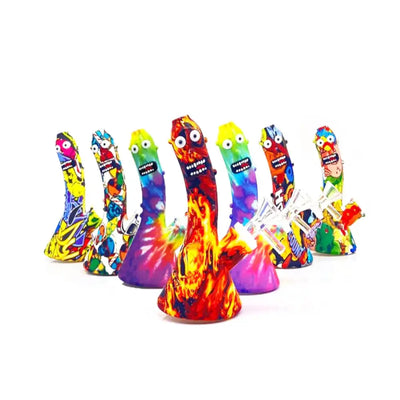 Colorful cartoon character bongs featuring a Silicone Pickle Beaker with 14mm male bowl
