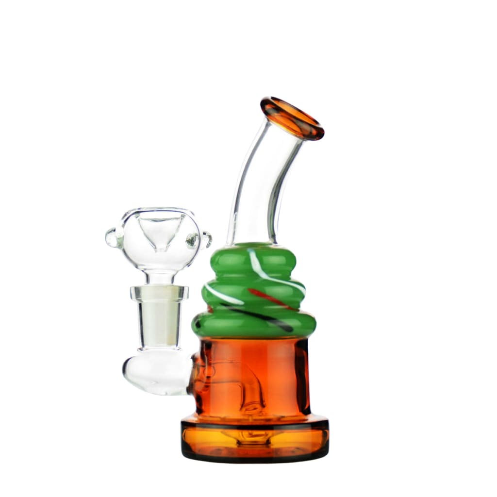 Birthday Cake Water Pipe With Green Spiral Design, Orange Base, And 14mm Male Bowl