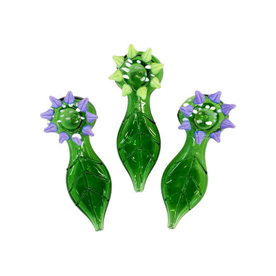 Three green glass flower pendants on Demogorgon hand pipe for chill sesh