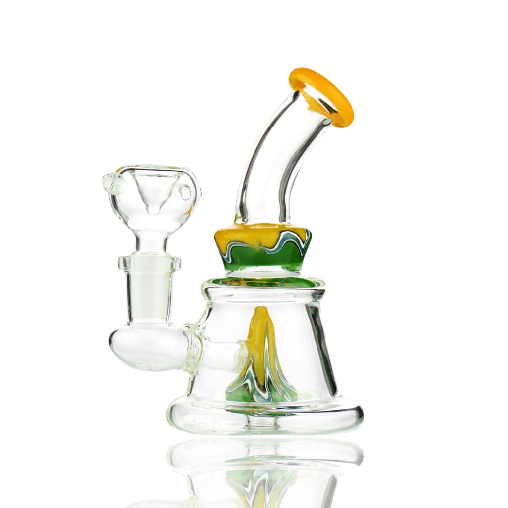 Mini bong with reversal glass shower, 14mm male bowl, yellow green swirls