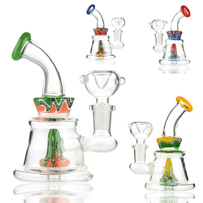 Mini bong with reversal glass shower and 14mm male bowl in clear glass with green orange swirls