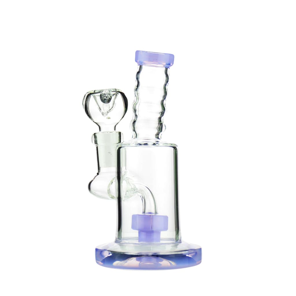 Slime color water pipe with purple accents, round showerhead percolator, and 14mm male bowl