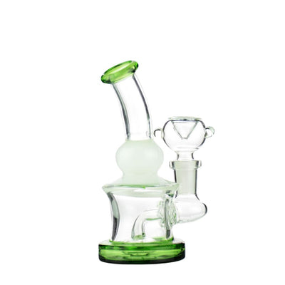 Mini water pipe with frosted chamber, green accents, round shower perc, and 14mm male bowl for enhanced smoking experience