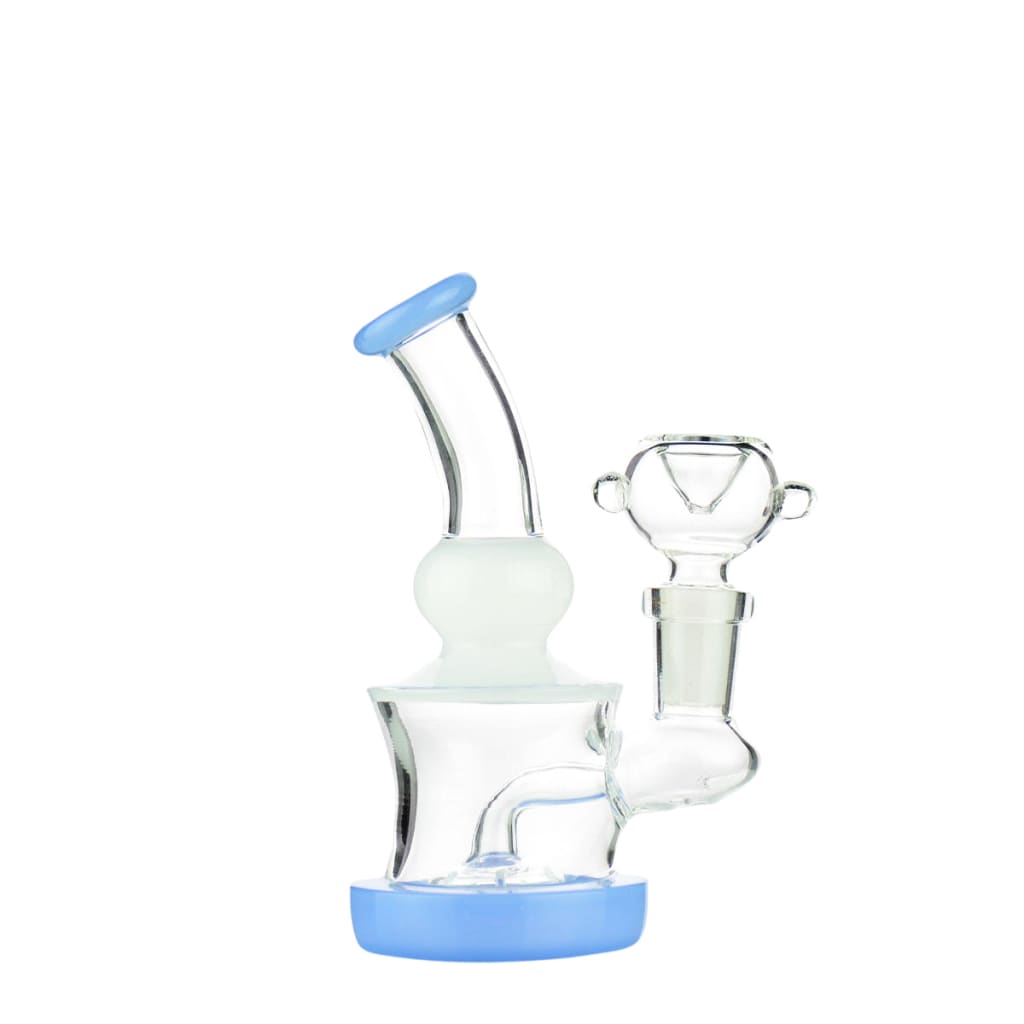 Mini water pipe with clear glass, frosted chamber, blue silicone, 14mm male bowl