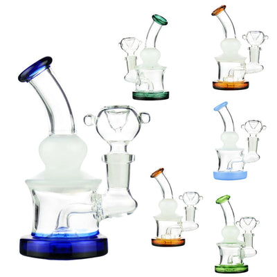 Mini water pipe with clear glass, frosted accents, blue base, round shower perc, 14mm male bowl