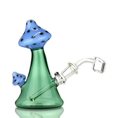 Mushroom design color tube glass water pipe, 5.5 inch green bong with blue smiling mushroom top