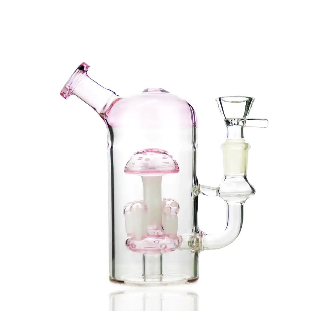 Pink-tinted glass mushroom water pipe with 14mm male bowl for smooth smoking experience