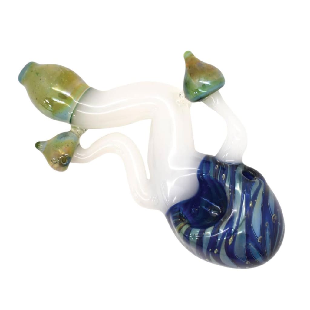 Compact 4.5-inch mushroom head glass hand pipe with a blue swirled bowl and green accents