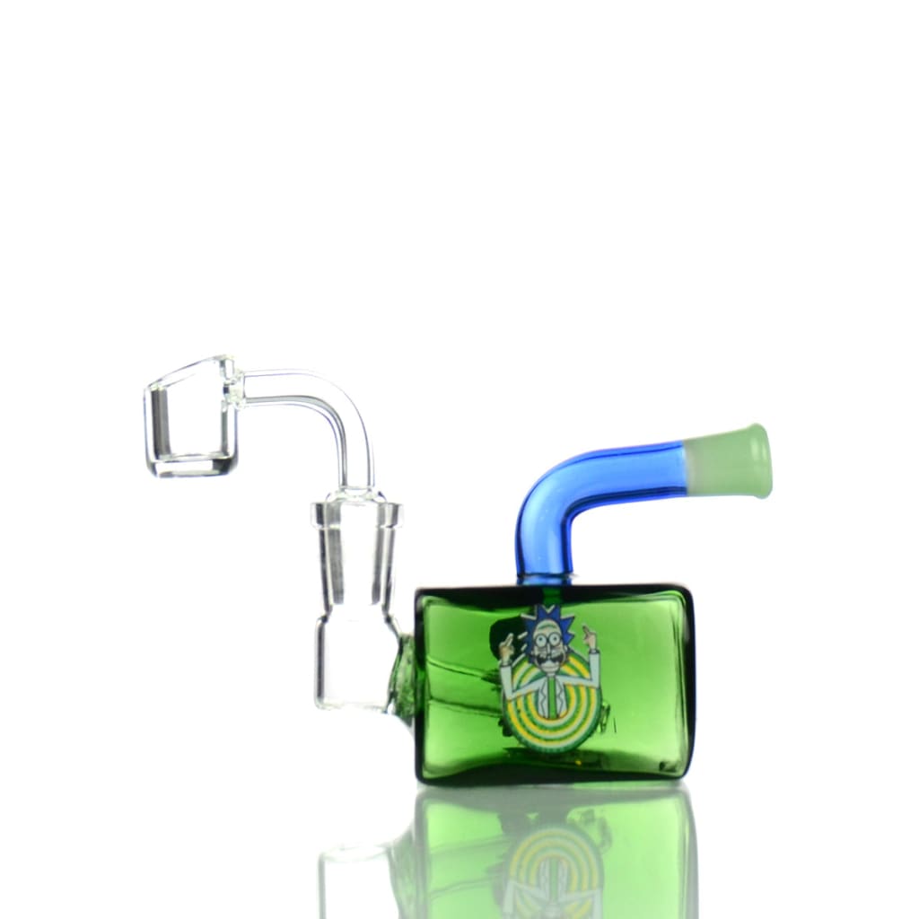 High-quality water pipe cubic body rig with green base, blue mouthpiece, and 14mm male banger