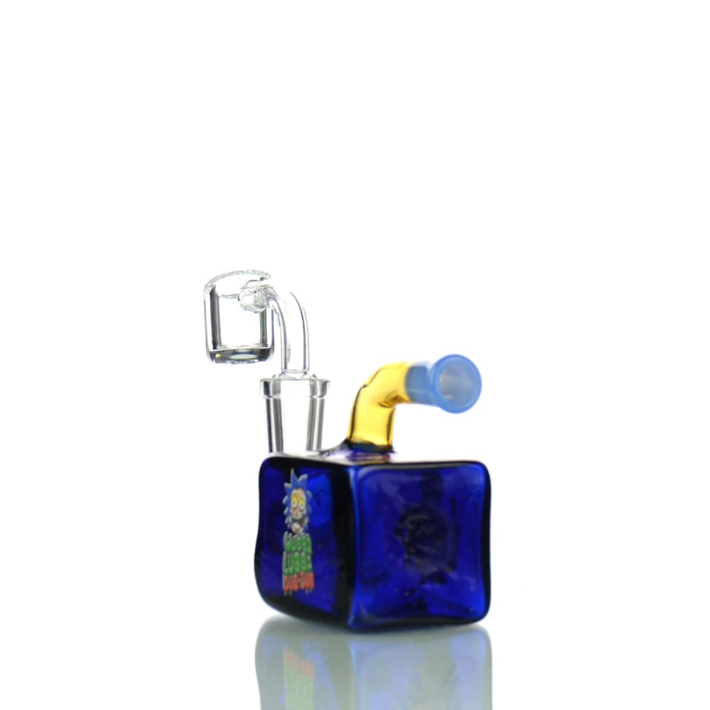 Colorful glass water pipe cubic body with 14mm male banger, blue base, and yellow mouthpiece