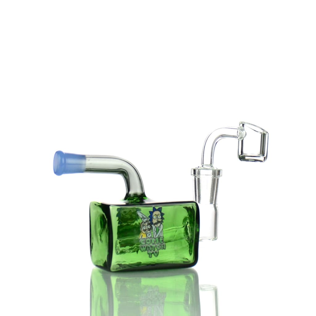 Green glass water pipe cubic body rig with 14mm male banger and cartoon character design