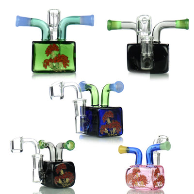 Colorful glass water pipe rig with double mouthpiece and 14mm male banger attachment