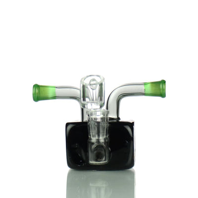 Glass water pipe rig with double mouthpiece, green accents, and 14mm male banger