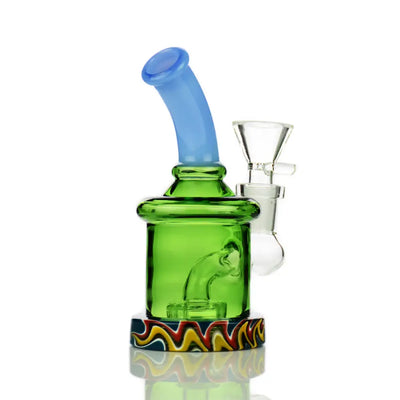 Green and blue glass bong from the 5 Inch Wig Wag Base Water Pipe with Round Shower