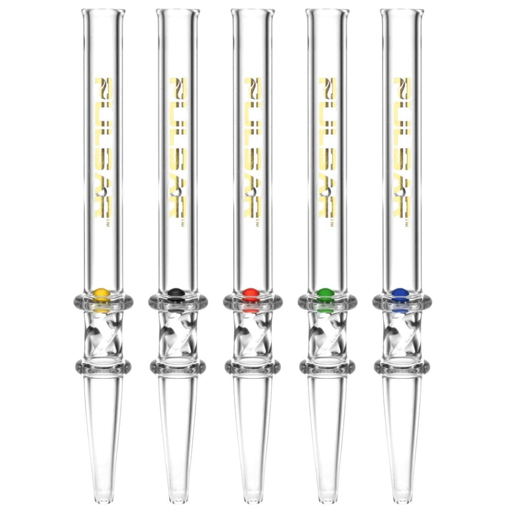 Glass water pipes with CHEECH branding and Vortex Twist Quartz Dab Straw in vibrant colors