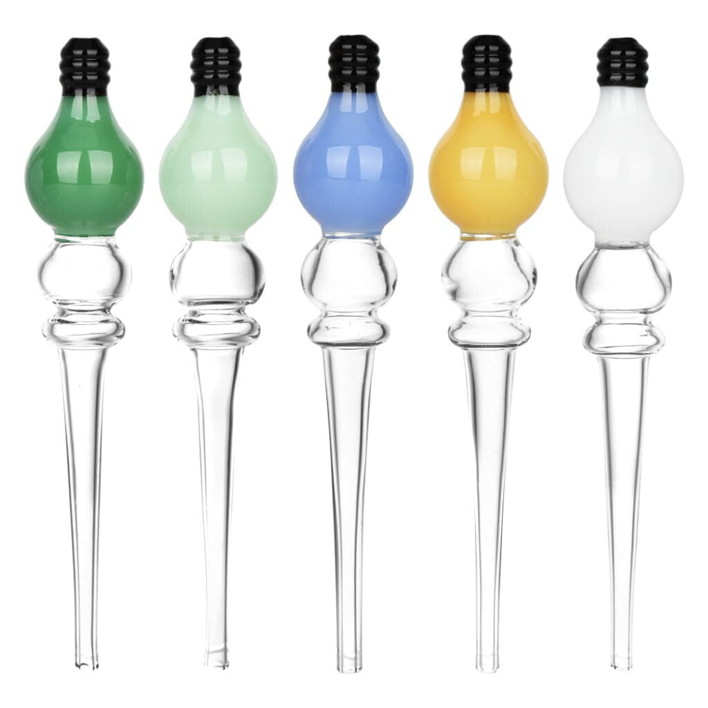 Colorful glass bottle stoppers shaped like light bulbs for Bright Idea Glass products