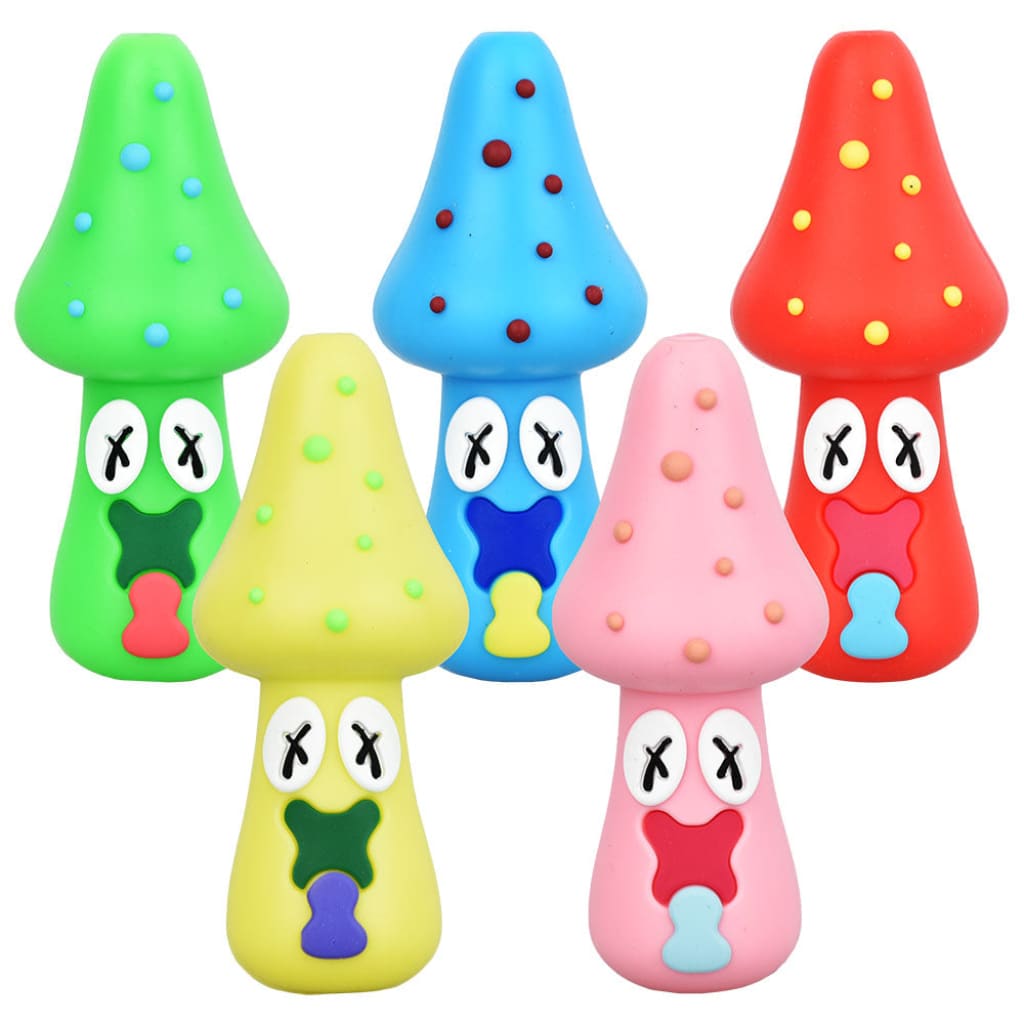 Colorful Spacey Facey Mushroom Silicone Hand Pipes with expressive faces and dotted caps