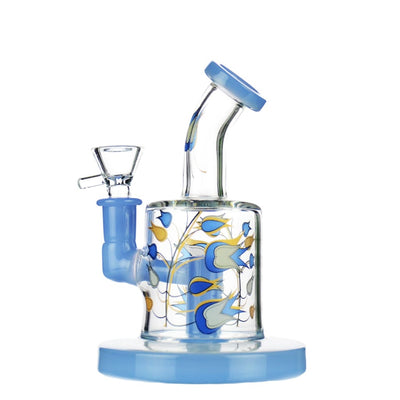 Glass Water Pipe with Blue Accents and Fish Designs for 14mm Male Bowl, 60mm Tube