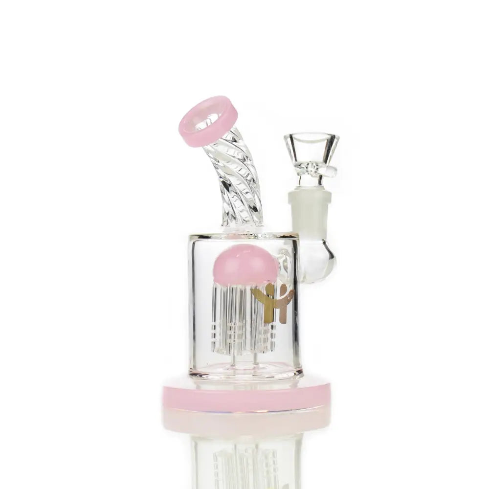 Pink-accented glass jellyfish bong with Happy Fumes Glass Tree Arm Percolator and 14 Male Bowl