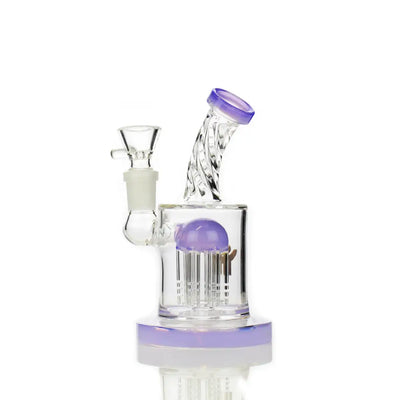 Purple-accented glass water pipe with happy fumes glass tree arm percolator and 14 male bowl