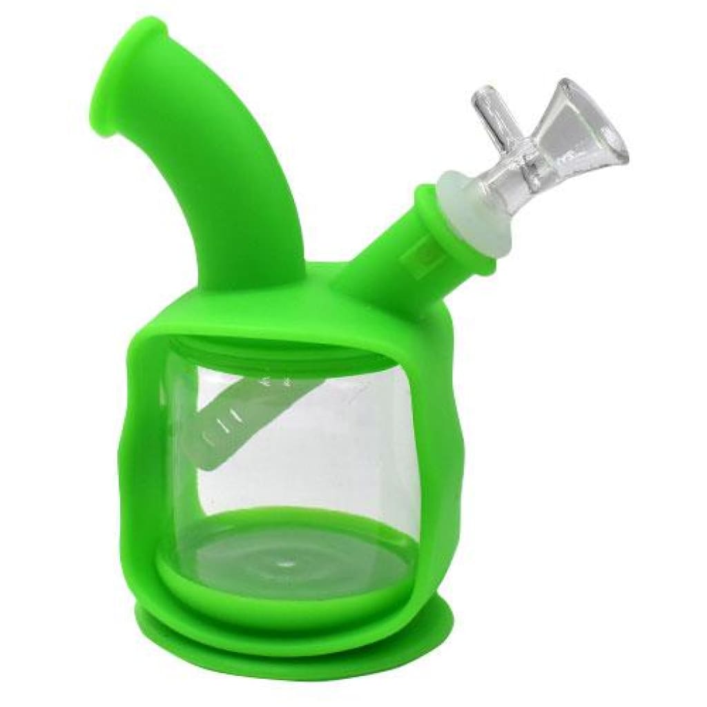 Green silicone and clear glass water pipe with intricate detailing for smooth smoking