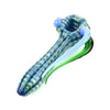 Colorful glass hand pipe spoon with blue and green swirling patterns for novelty use