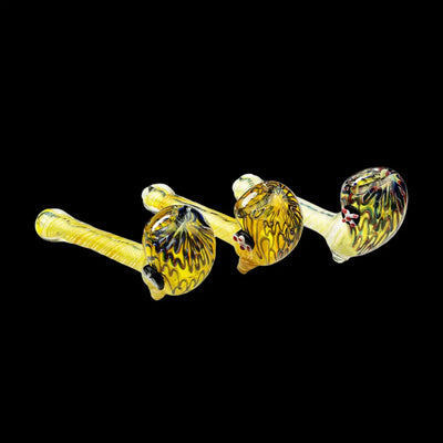 Gold Fume Glass Hand Pipe with Drippy Head and yellow multicolored swirled patterns