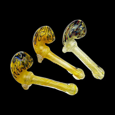 Gold Fume Glass Hand Pipe with Drippy Head design and colorful swirled patterns