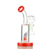 Glass water pipe with red accents, curved neck, and 14mm male bowl for enhanced smoking experience