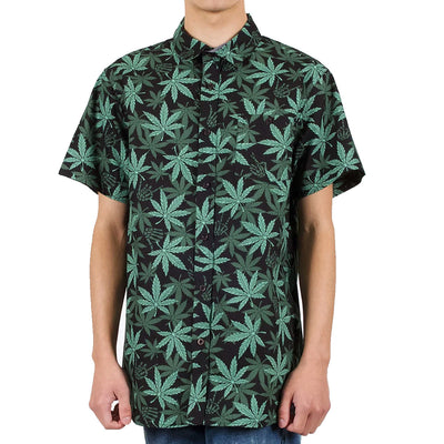 Black Leaf Pattern Woven Short-Sleeve Shirt Set