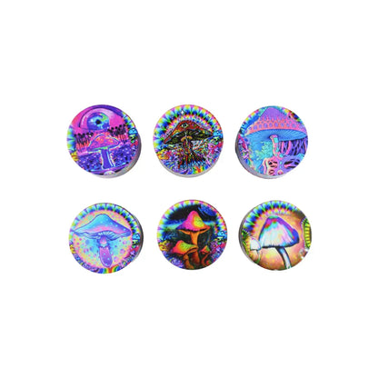 Psychedelic mushroom-themed buttons on 63mm Mushroom Printed 4 Parts Zinc Grinder for Herbs