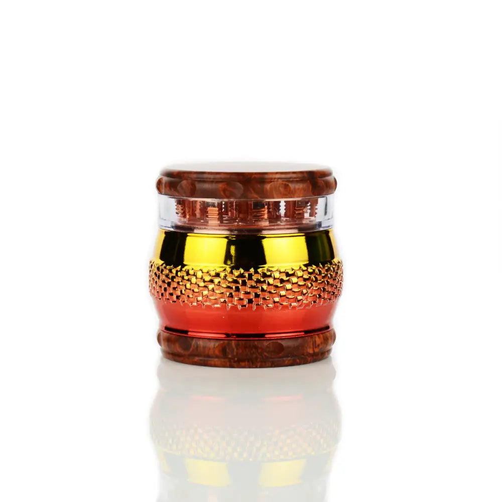 Red and gold textured cosmetic container for 69mm grinder drum style for herbs and spices