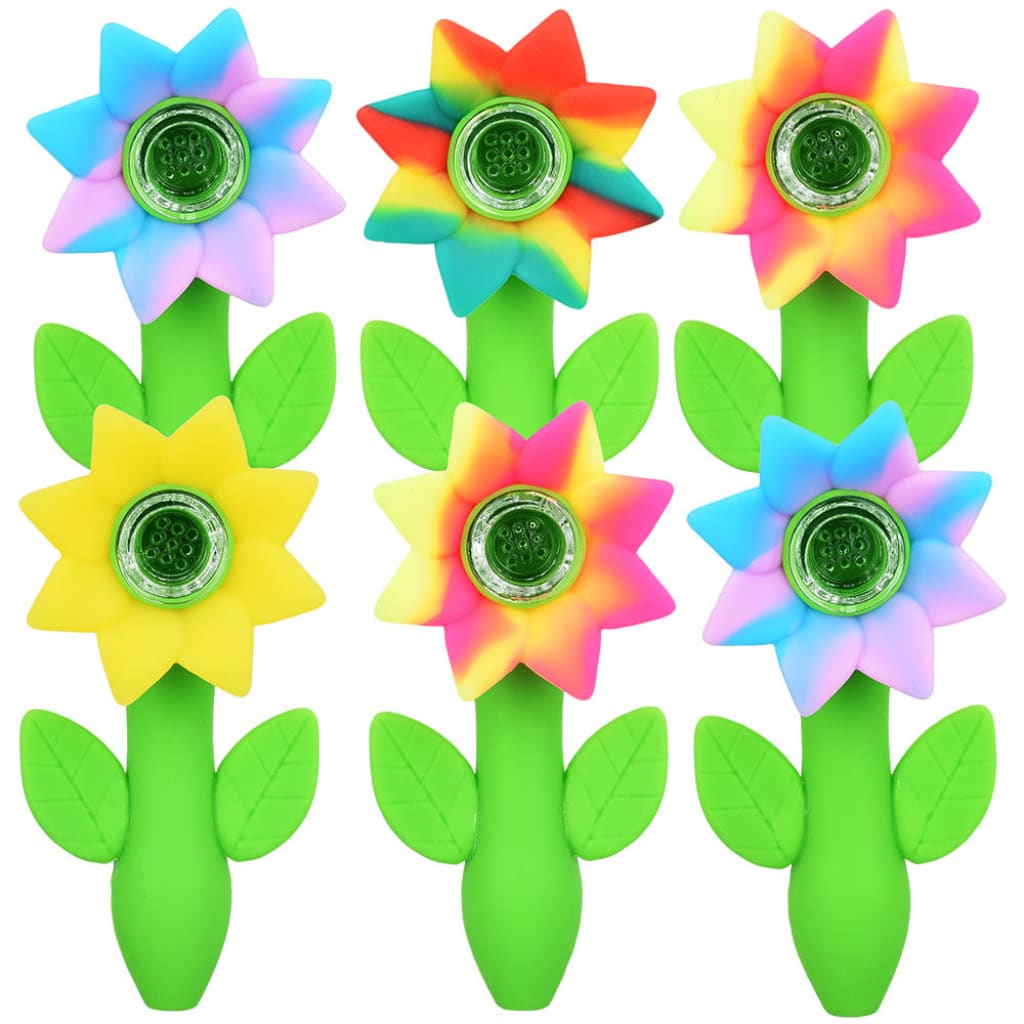 Colorful sunflower silicone hand pipes with glass bowl insert and green stems - 6pc bundle