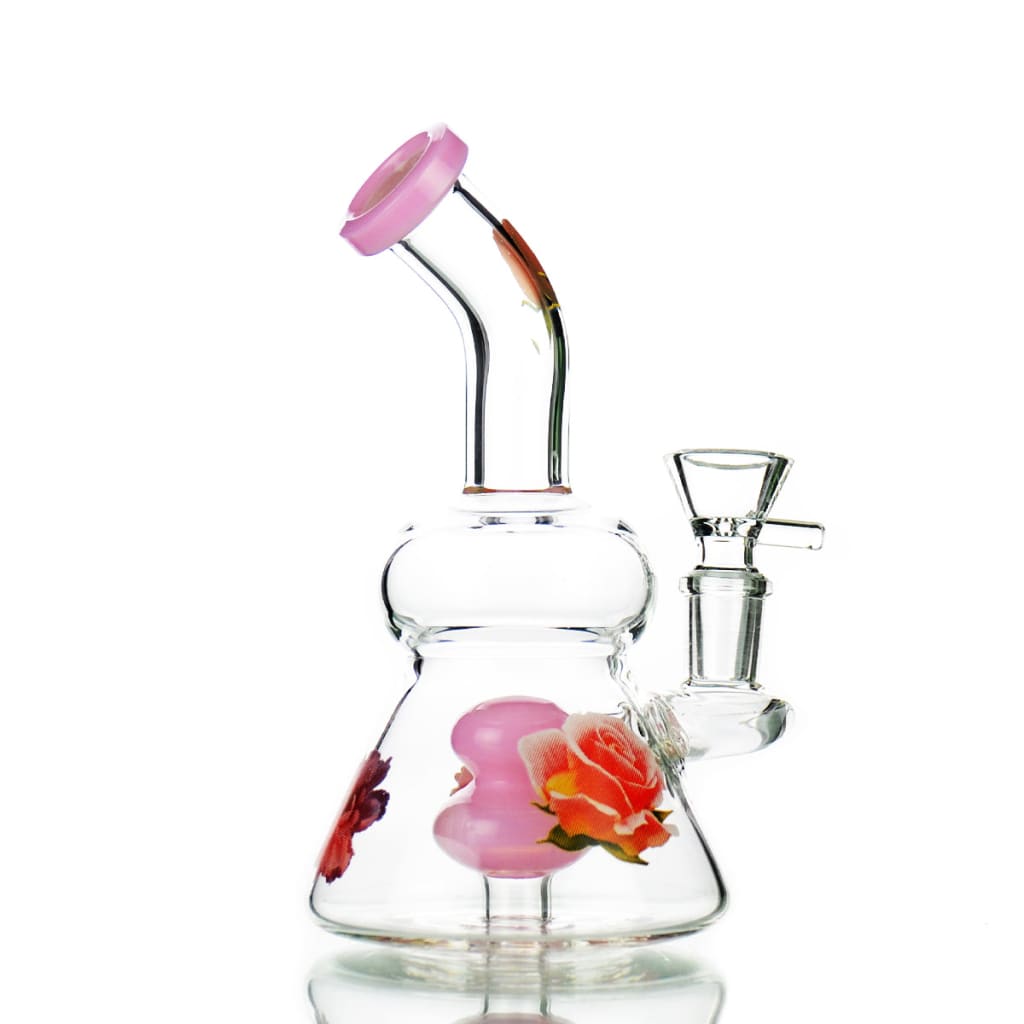 7 Flower Water Pipe with 14mm Male Bowl and Pink Floral Accents