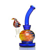 Colorful glass water pipe with 14mm male bowl, spherical base, and curved neck