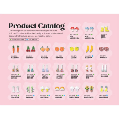 72pc assorted earring set on pink background with fruit designs